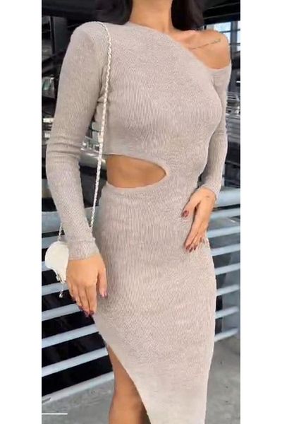 Stylish Women's Shoulder Decolte Waist Detailed Knitting Dress