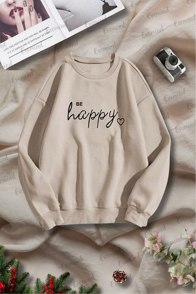 Evomind Unisex Be Happy Printed Oversize Adult and Kids Sweatshirt - Crew Neck