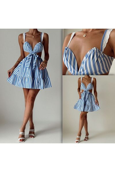 FASHION COCKTAIL Rochie de vară din bumbac cu dungi albastre Santorini - cu fereastră în talie și spate elastic