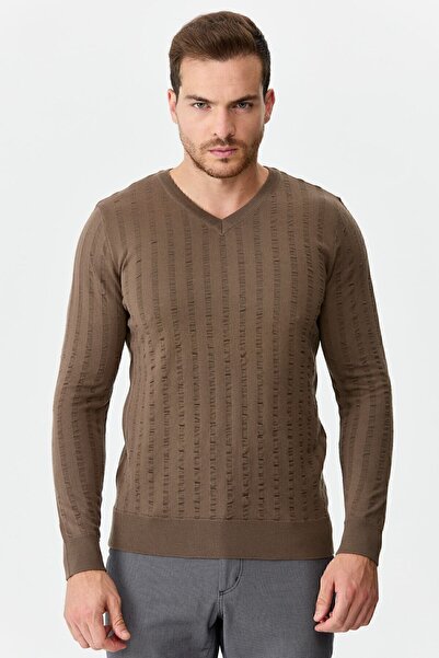 Desen Triko Men's V-Neck Patterned Plain Sweater Mink