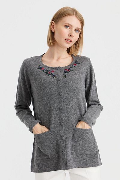 Desen Triko Women's Zero Collar Edge Lace Embroidered Wool Cardigan Smoked