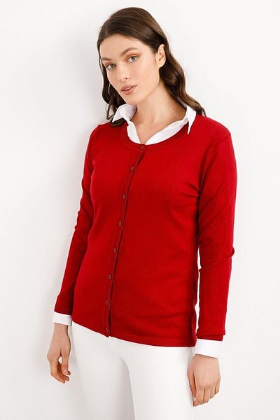 Desen Triko Women's Lycra Basic Long Sleeve Crew Neck Cardigan Dark Red