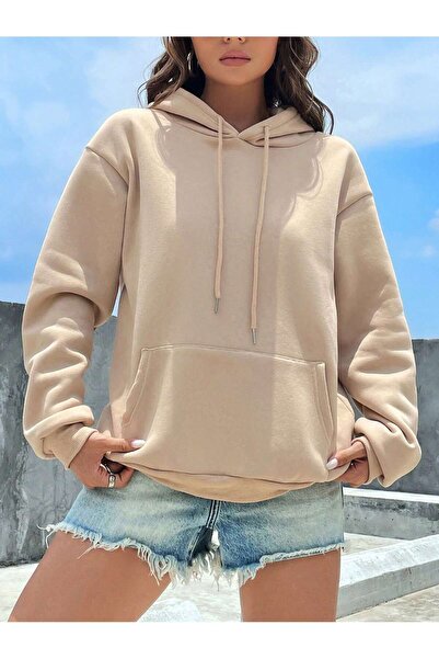 coolart Μπεζ Oversize Χειμερινό Φούτερ - Με τσέπες και κουκούλα