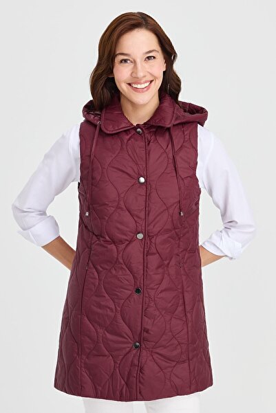 Desen Triko Women's Hooded Quilted Vest Claret Red