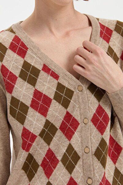 Desen Triko V-neck Baklaval Women's Cardigan - K. Beige