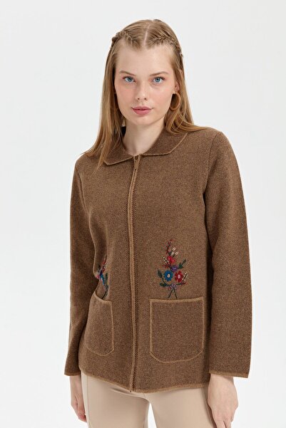 Desen Triko Γυναικεία κοντή μάλλινη ζακέτα με γιακά πόλο V.Camel