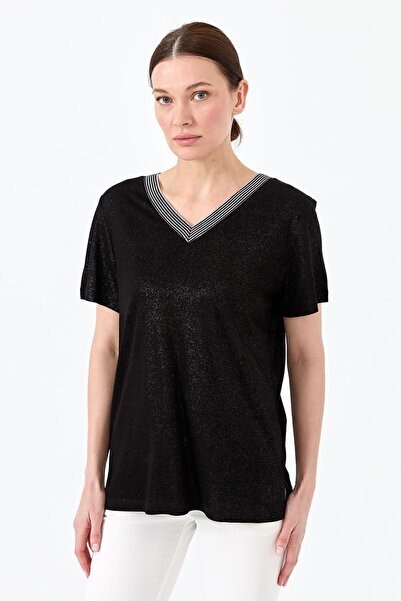 Desen Triko Women's V-neck Striped Combed Cotton T-shirt Black