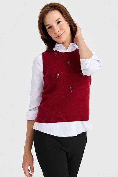 Desen Triko Women's Zero Collar Front Checkered Links Wool Sweater V.Red