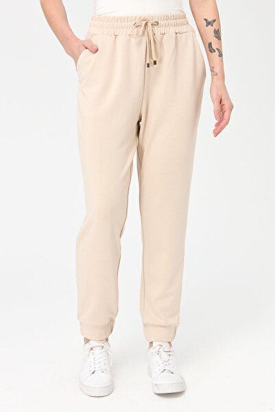 Desen Triko Kadın Paça Arkası Lastikli Cepli Eşofman Pantolon Bej