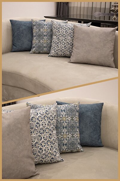 ÖZENEV 43x43 Cm Husă de pernă albastră decorativă catifelată etnică Inta-801