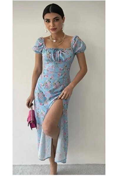 MOODMODA Синя сукня міді з квітковим візерунком з нейлонової тканини