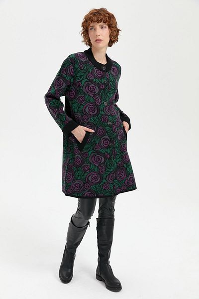 Desen Triko Cardigan lung de lână cu guler în picioare pentru femei, cu imprimeu trandafiri, negru_A.violet
