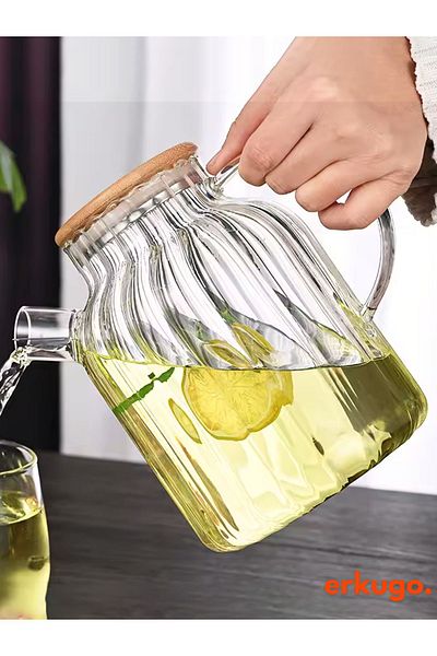 ERKUGO Heat Resistant Borosilicate Glass Teapot - Vacuum Bamboo Lid with Strainer (1800 ml) Ecg-Lemonade