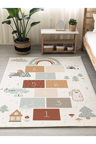 Evmila Dijital Baskılı Kaymaz Taban Yıkanabilir Seksek Desenli Çocuk Ve Bebek...