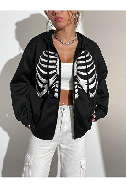 SeusCraft Cardigan negru supradimensionat cu glugă - Design cu schelet, cu fe...