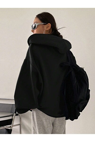 Genel Markalar Baskısız Fermuarlı Kışlık Hırka - Siyah Oversize Şardonlu Kapüşonlu