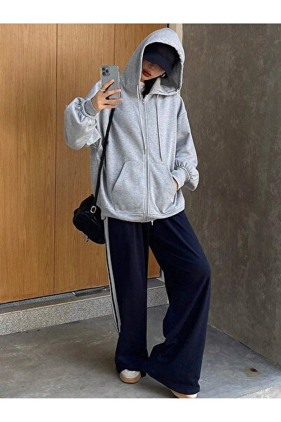 Genel Markalar Baskısız Fermuarlı Kışlık Hırka - Gri Oversize Şardonlu Kapüşonlu