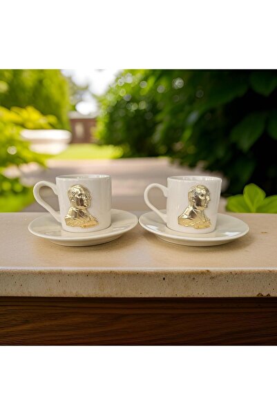 İlbay Çini Takı Metalli Altın Renk Atatürk 2 li Porselen Türk Kahvesi Fincanı