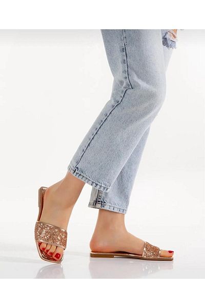 PLN SHOES Γυναικείες βραδινές παντόφλες φόρεμα με άνετη σόλα με μονό λουράκι με πέτρα με επίπεδη τακούνι