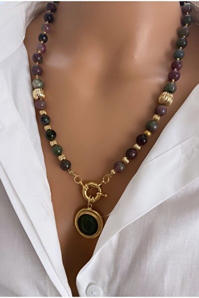 TARZ-I TAKI Doğal Taş Yeşil Akik Taşı Altın Kaplama Çerçeveli Akik Uç Kadın Kolye Anneler Sevgililer Günü