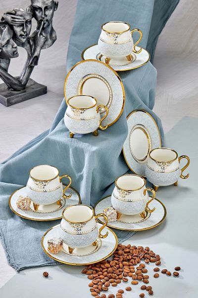 Vadi Carmen 6-Person Authentic Patterned Coffee Cup Set with Porcelain and Gold Detail