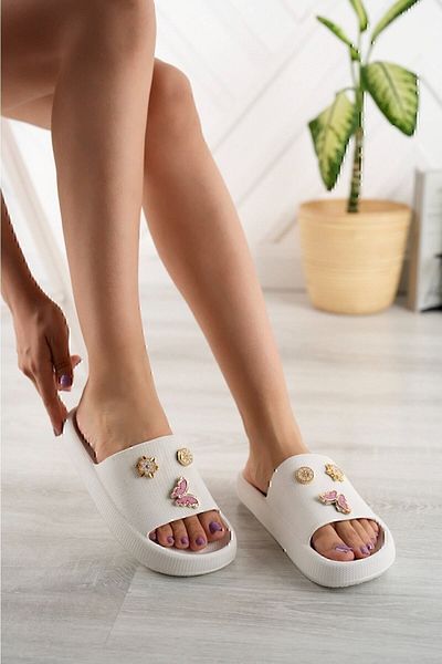 PLN SHOES Women's White Stone Daily Beach Sea Pool Slippers Gel