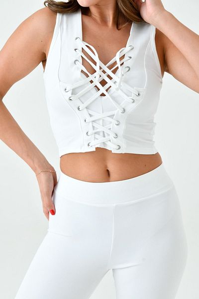 barış sülün lovebox Lace-Up Design Women's Sports Undershirt and High Waist Leggings - White Set of Two 069