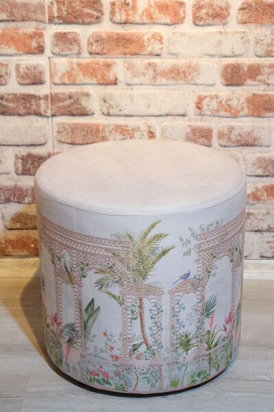 Mi Puf Fransız Bahçesi Desenli Dekoratif Yuvarlak Puf