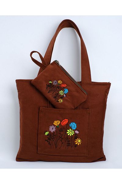 Wings Of Simurg Чанта и портфейл от кафяв плат Butikmutik-Poppy Garden с бродерия