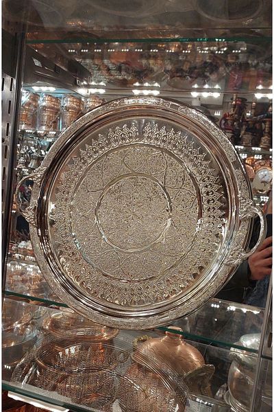 Bakır Center Copper Tray & Copper Presentation Tray 35 cm Copper Ottoman Heavy Hand Embroidered Tray Henna Tray