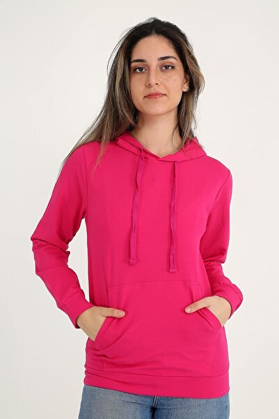 Kapüşonlu, Kanguru Cepli, Fuşya Kadın Sweatshirt.