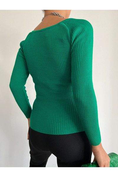 dükkan10butika Pulover Crop din Tricotaj Verde - Guler Inimă, Slim Fit