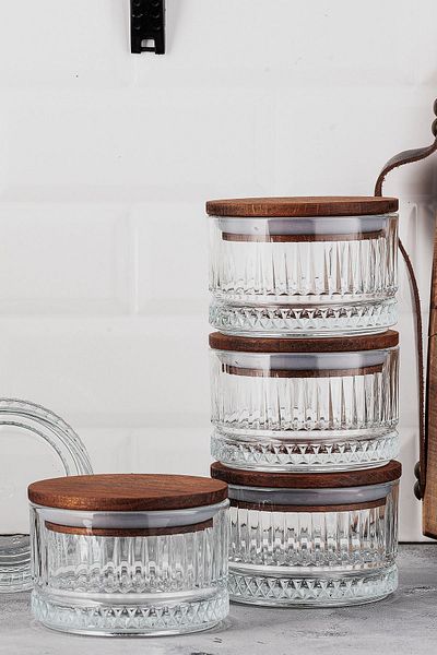 LUX ET AMOR Vella 4-Piece Wooden Vacuumed Glass Breakfast Multi-Purpose Glass Snack Bowl with Lid 235 ml