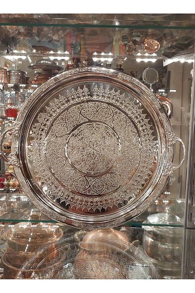 Bakır Center Copper Tray & Copper Presentation Tray 35 cm Copper Ottoman Heavy Hand Embroidered Tray Henna Tray