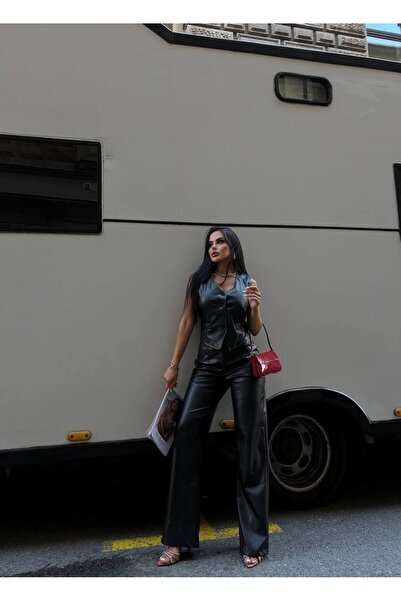 LB Laluna Butik Women's Leather Suit Vest and Tube Leg Loose Cut Trousers