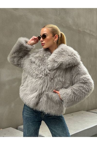 manana fashion Palton de blană gri premium