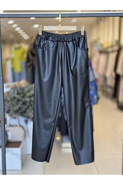 Puane بنطلون جلد أسود 18205 - خصر مطاطي