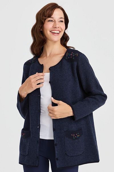 Desen Triko Cardigan de lână brodat din pâslă, cu umăr și buzunar, de damă, albastru închis