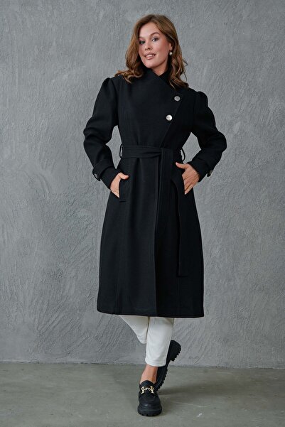 vuvutasarım Long Sleeve Double Breasted Collar - Black Stamp Coat with Button Closure and Belted 9003