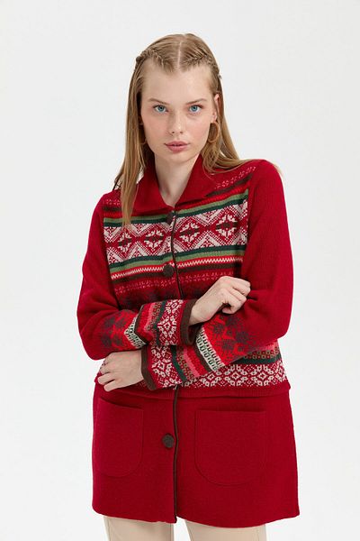 Desen Triko Red Araboy Wool Cardigan - Polo Neck and Felted Skirt