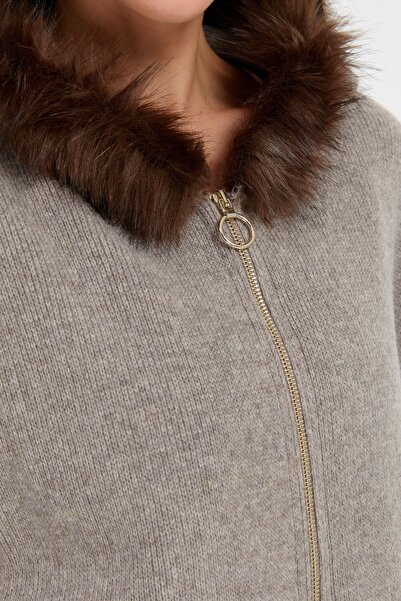 Desen Triko Mink Fur Hooded Wool Cardigan - Zippered
