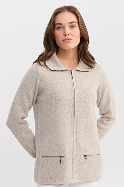 Desen Triko Cardigan de lână cu fermoar, cu guler polo, pentru femei, V.bej