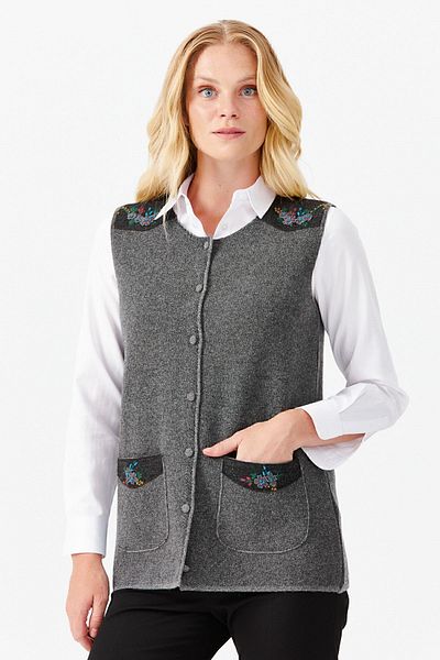 Desen Triko Women's Zero Collar Shoulder Pocket Cover Felt Embroidered Buttoned Vest Smoked