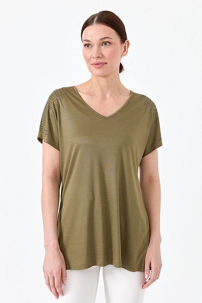 Desen Triko Tricou de damă din bumbac pieptănat cu decolteu în V cu pietre pe umeri Kaki