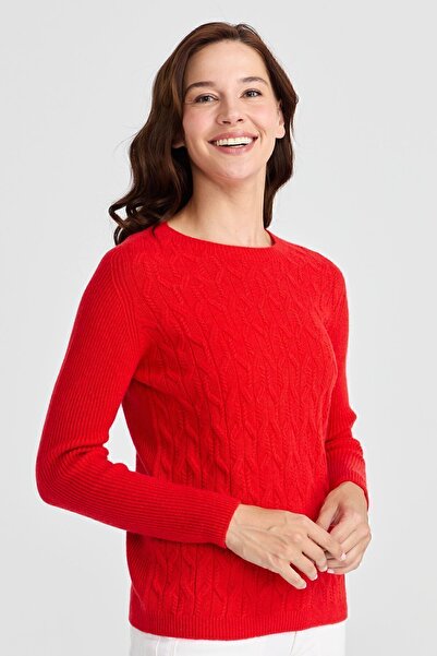 Desen Triko Women's Crew Neck Front Loose Wool Sweater Coral