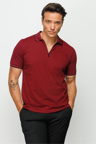 Desen Triko Men's Zippered Polo Neck T-shirt Claret Red