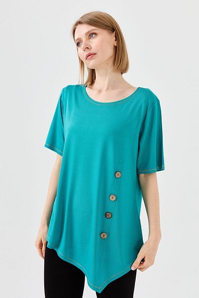Desen Triko Tricou de damă, cu gât în ​​față, din bumbac pieptănat, cu nasturi din lemn, verde