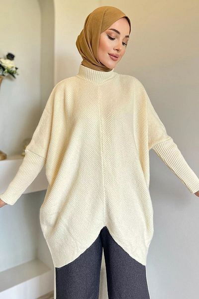 julude Asymmetrical Ecru Women's Knitwear Tunic - Casual Hijab Design