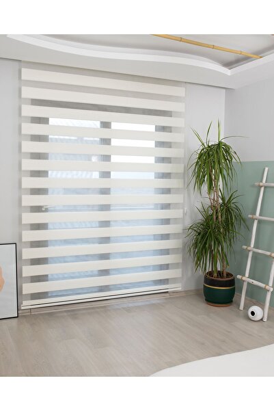 İNCİLİFE İnce Pliseli Krem Renk Zebra Stor Perde Alüminyum Kasalı