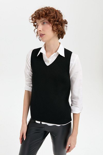 Desen Triko V-neck Black Women's Sweater - Seamless